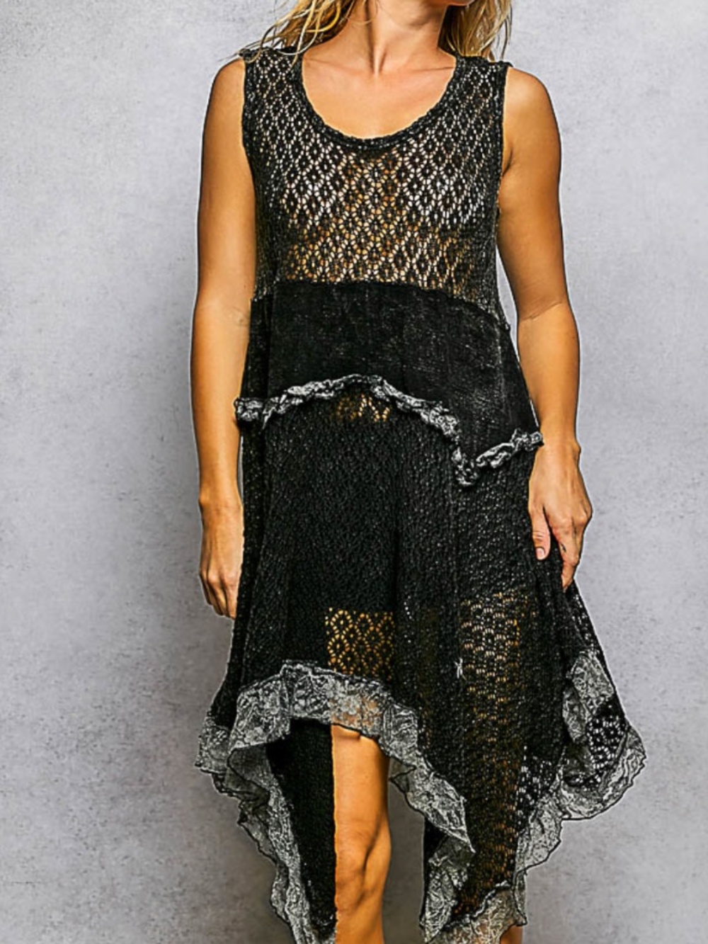 POL Black Semi Sheer Shark bite Hem Lace Semi Sheer Sleeveless Dress - Picture 3 of 7